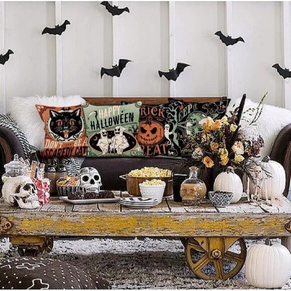 4 Retro Style Halloween Linen Pillow Covers 18x18 Cat Pumpkin Skeleton Bat Decor - Picture 3 of 16